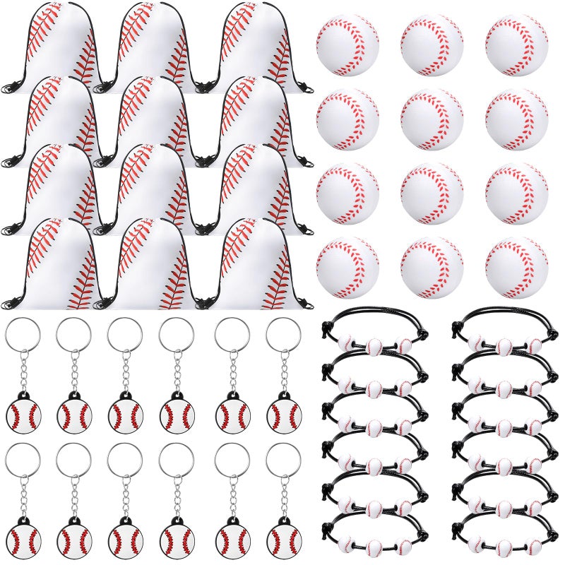 Poen 48 Pcs Baseball Party Favors Include 12 Drawstring Backpack 12 Mini Baseball 12 Keychain 12 Wax Thread Braided Bracelet Inspirational Team Gift - Image 2