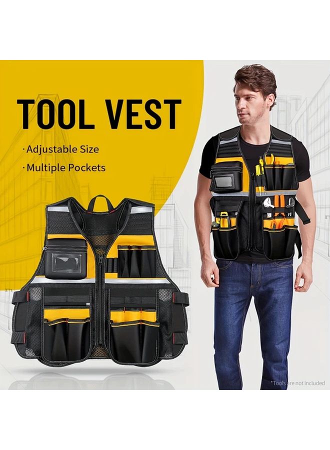 سترة العمل الكهربائية القابلة للتعديل - سترة متينة متعددة الجيوب من القماش باللونين الأصفر والأسود - Image 2