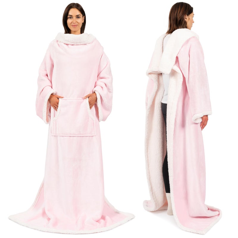 PAVILIA Sherpa Wearable Blanket with Sleeves and Pocket Plush Thick Cozy Body Blanket Wrap for Adult Women Men Christmas Gift for Wife Mom Light Pink