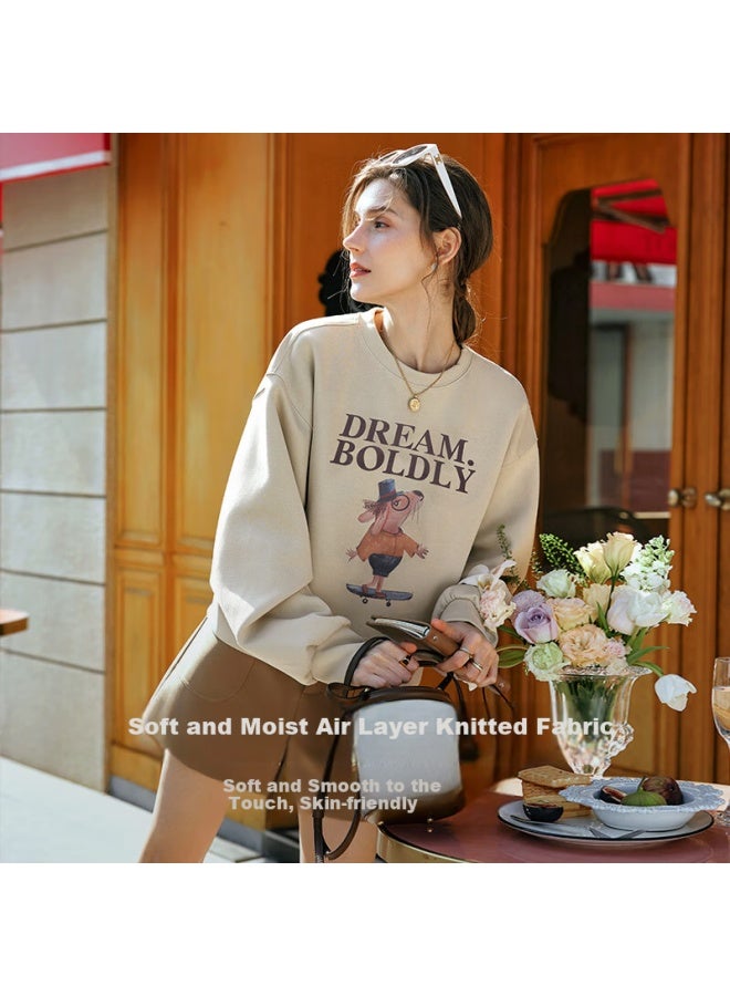 Olrain Vintage American Style Retro Sweatshirt Women'S Spring And Autumn New Printed Small Size Pullover Top Mocha Xl - Image 2