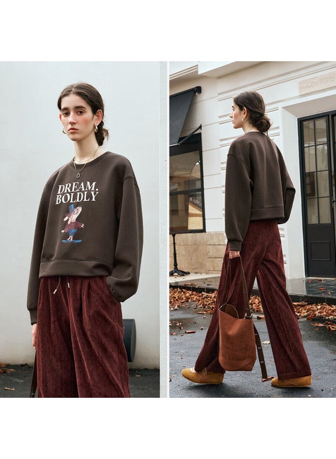 Olrain Vintage American Style Retro Sweatshirt Women'S Spring And Autumn New Printed Small Size Pullover Top Mocha Xl - Image 1