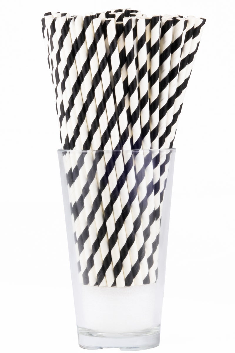 BarPros Eco-Friendly Biodegradable Paper Drinking Straws, Matte Black & White Striped, 6mm Diameter x 195mm Length, Pack of 250 - Image 1