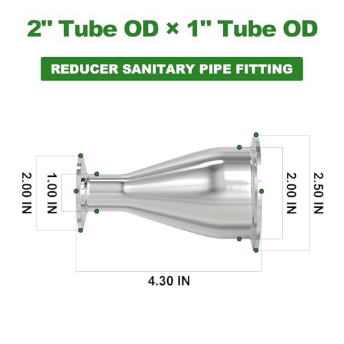TAISHER 2PCS 304 Stainless Steel 2 Tube OD x 1 Tube OD Reducer Sanitary Pipe Fittings 2 Tri Clamp 64MM x 15 Tri Clamp 505MM Ferrule Flange with 4PCS Silicone Gaskets - Image 3