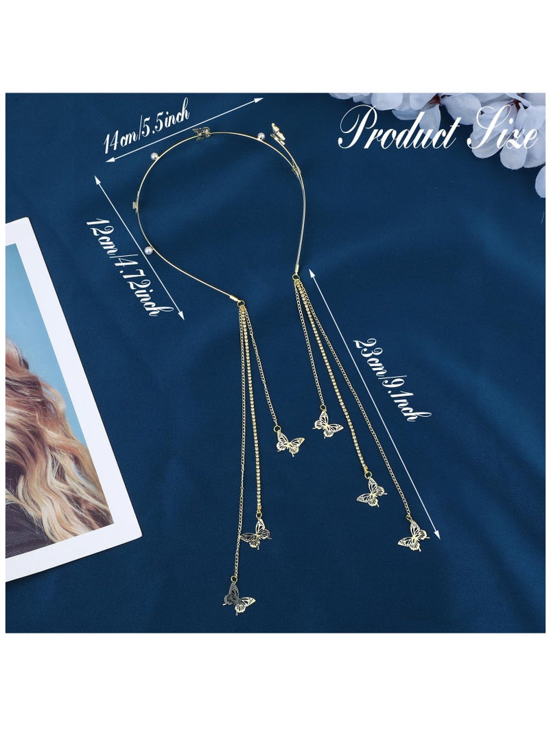 Excefore Wedding Butterfly Headband for Women, Shinny Rhinestone Tassel Head Chain Crystal Pearl Headpieces Decorative Elegant Headwear Hair Hoop Band Headdress Hair Accessories for Women Girls - Image 2