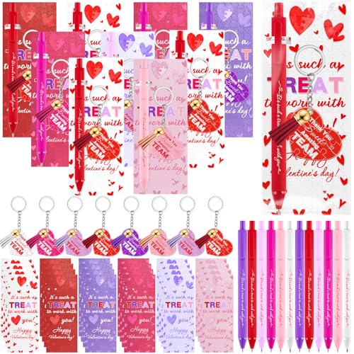 Zenoble 24 Sets Valentines Pens Gift for Coworker Employee Team Staff Office Appreciation Gifts Bulk Heart Keychains with Ballpoint Pens Inspirational Thank You Cards - Image 1