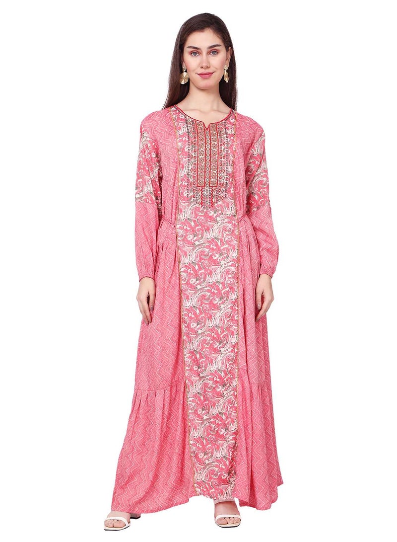 HANA & SARA THREAD EMBROIDERY LONG VISCOSE PRINTED PINK COLOUR STYLISH ELEGANT ARABIC KAFTAN JALABIYA DRESS - Image 1