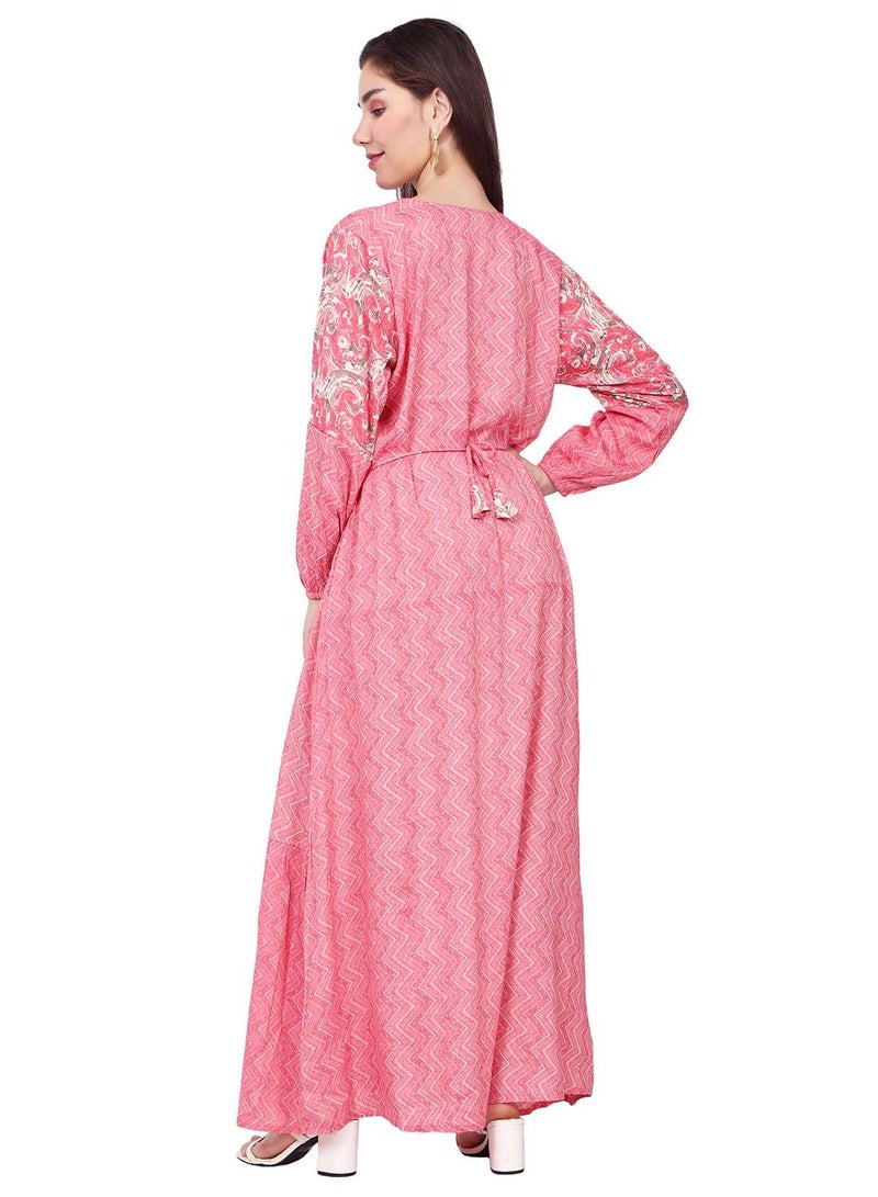 HANA & SARA THREAD EMBROIDERY LONG VISCOSE PRINTED PINK COLOUR STYLISH ELEGANT ARABIC KAFTAN JALABIYA DRESS - Image 2