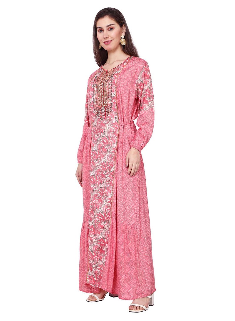 HANA & SARA THREAD EMBROIDERY LONG VISCOSE PRINTED PINK COLOUR STYLISH ELEGANT ARABIC KAFTAN JALABIYA DRESS - Image 4