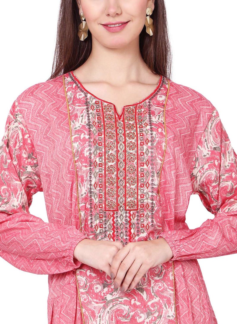 HANA & SARA THREAD EMBROIDERY LONG VISCOSE PRINTED PINK COLOUR STYLISH ELEGANT ARABIC KAFTAN JALABIYA DRESS - Image 3