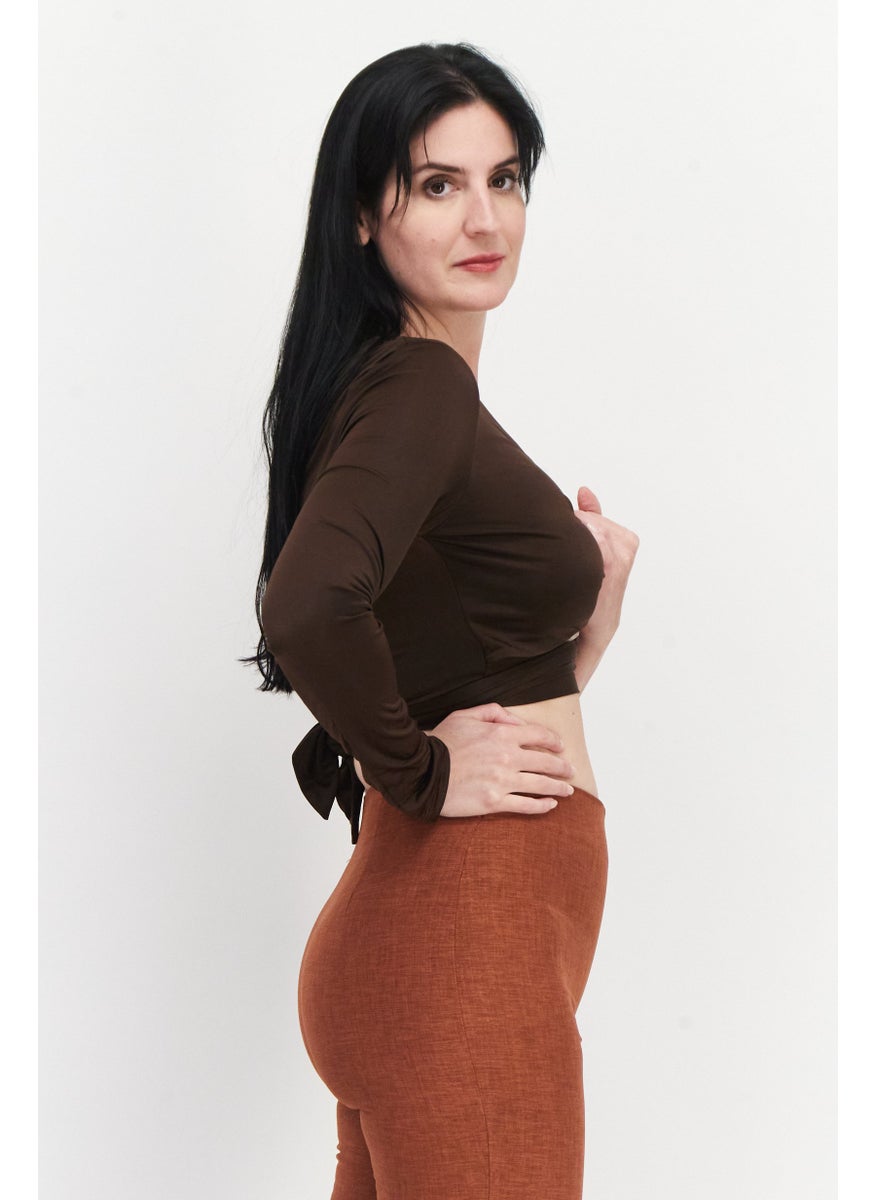 Ei8th Hour - Women Asymmetrical Neck One Sleeve Solid Crop Top, Chocolate - Image 1