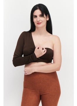Women Asymmetrical Neck One Sleeve Solid Crop Top, Chocolate