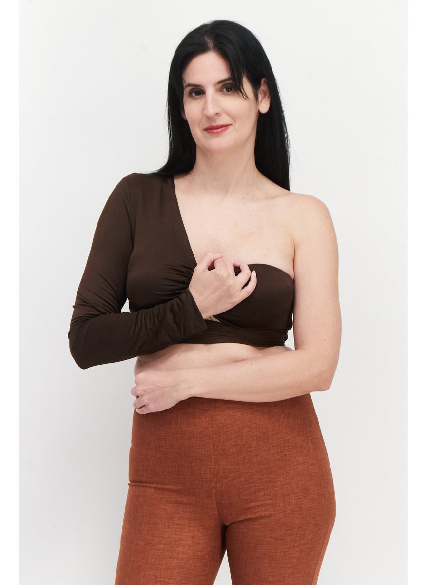 Ei8th Hour - Women Asymmetrical Neck One Sleeve Solid Crop Top, Chocolate - Image 1