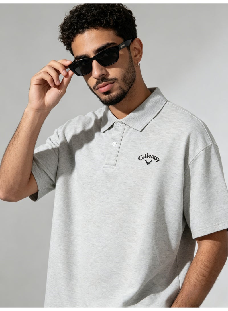 Callaway Men’s Heather Grey Short Sleeve Golf Polo Shirt with Black Printed Chest Logo - Image 3