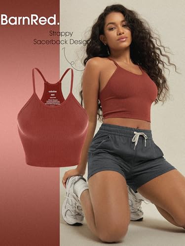 ODODOS Women's Crop 3-Pack Seamless Rib-Knit Camisole Crop Tank Tops, Oatmeal Barn Red Brunette, Medium/Large - Image 4