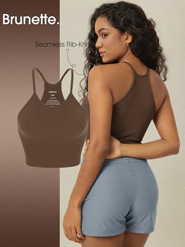 ODODOS Women's Crop 3-Pack Seamless Rib-Knit Camisole Crop Tank Tops, Oatmeal Barn Red Brunette, Medium/Large - Image 5
