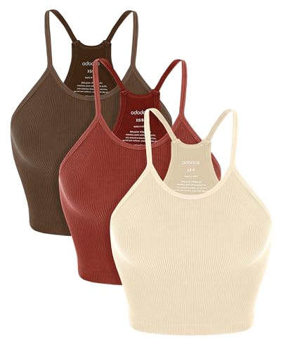 ODODOS Women's Crop 3-Pack Seamless Rib-Knit Camisole Crop Tank Tops, Oatmeal Barn Red Brunette, Medium/Large - Image 1