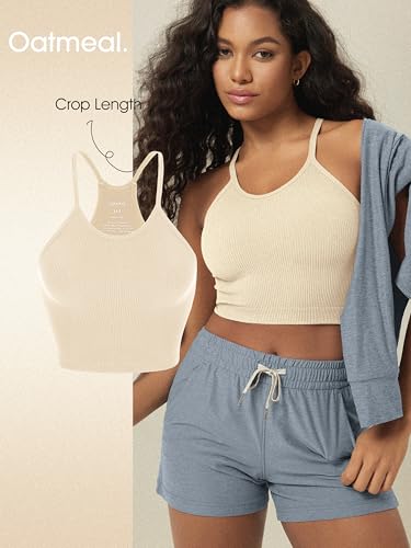ODODOS Women's Crop 3-Pack Seamless Rib-Knit Camisole Crop Tank Tops, Oatmeal Barn Red Brunette, Medium/Large - Image 3