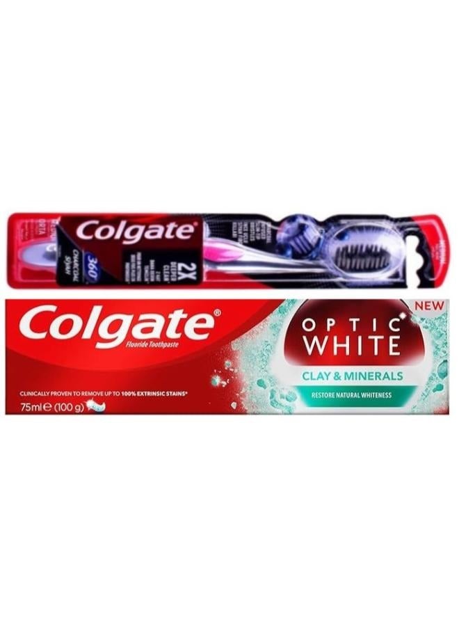 Colgate Optic White Clay And Mineral  Toothpaste 75ml Plus Colgate Slim Soft Charcoal Toothbrush multicolour - Image 1