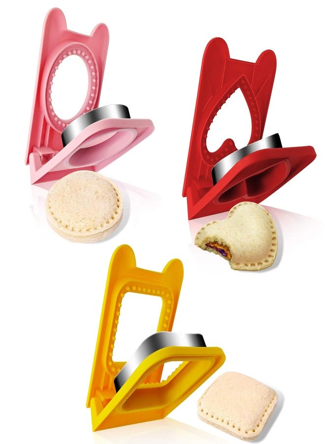 BaokiTook 3PCS Sandwich Cutter and Sealer,Fun Cookie Cutters,2-In-1 Sandwich Cutter and Sealer,Pocket Sandwiches Cutter,Sandwich Cutters for Kids Fun Lunchables (Pink Round+Red Heart+Yellow Square) - Image 1