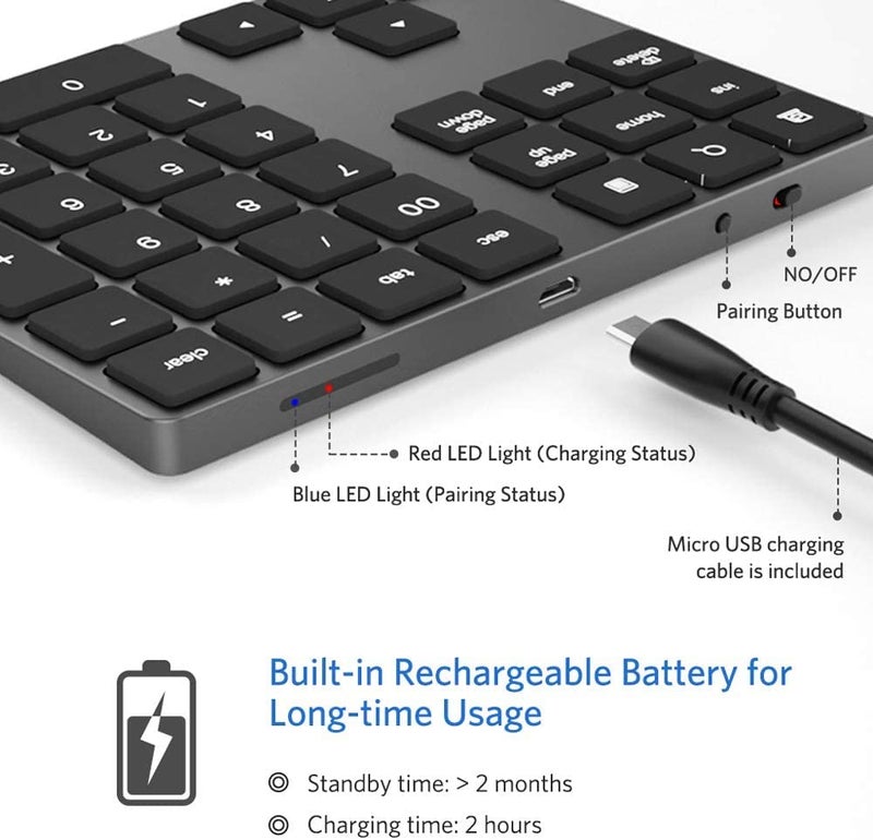 JOYEKY Bluetooth Number Pad, Aluminum Rechargeable Numeric Keypad Wireless 34-Keys Number Keyboard Shortcut Keypad Numpad Data Entry Compatible for iMac Windows - Image 5