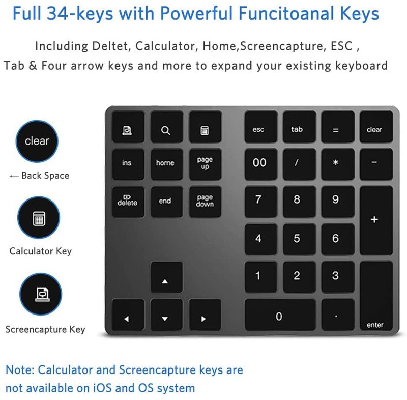 JOYEKY Bluetooth Number Pad, Aluminum Rechargeable Numeric Keypad Wireless 34-Keys Number Keyboard Shortcut Keypad Numpad Data Entry Compatible for iMac Windows - Image 2