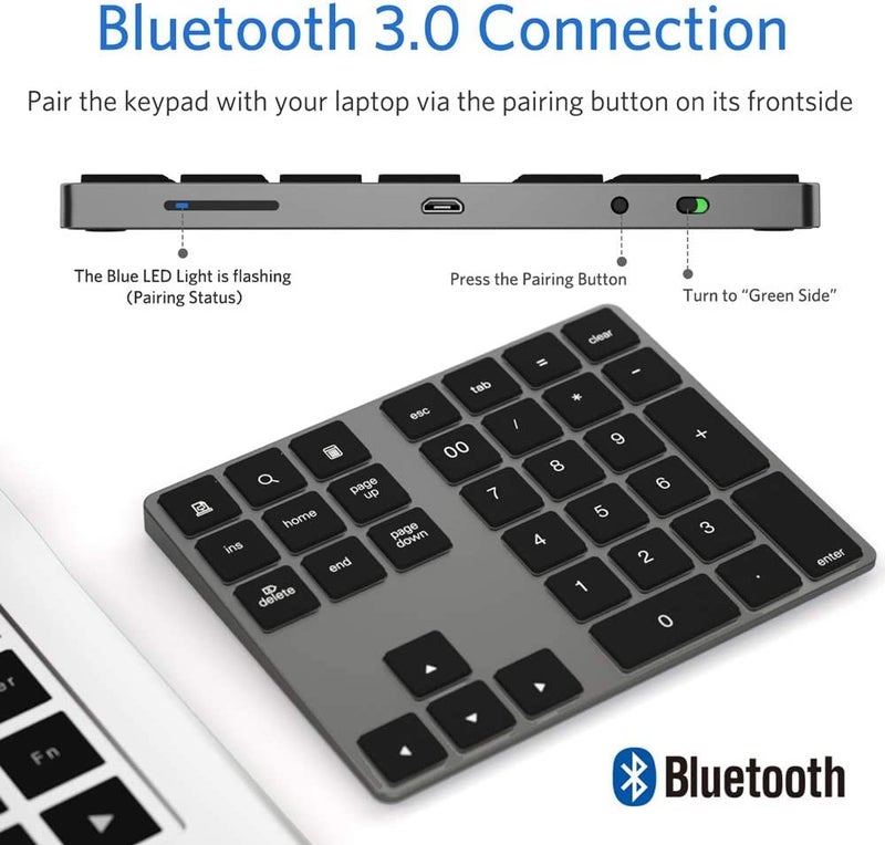 JOYEKY Bluetooth Number Pad, Aluminum Rechargeable Numeric Keypad Wireless 34-Keys Number Keyboard Shortcut Keypad Numpad Data Entry Compatible for iMac Windows - Image 3