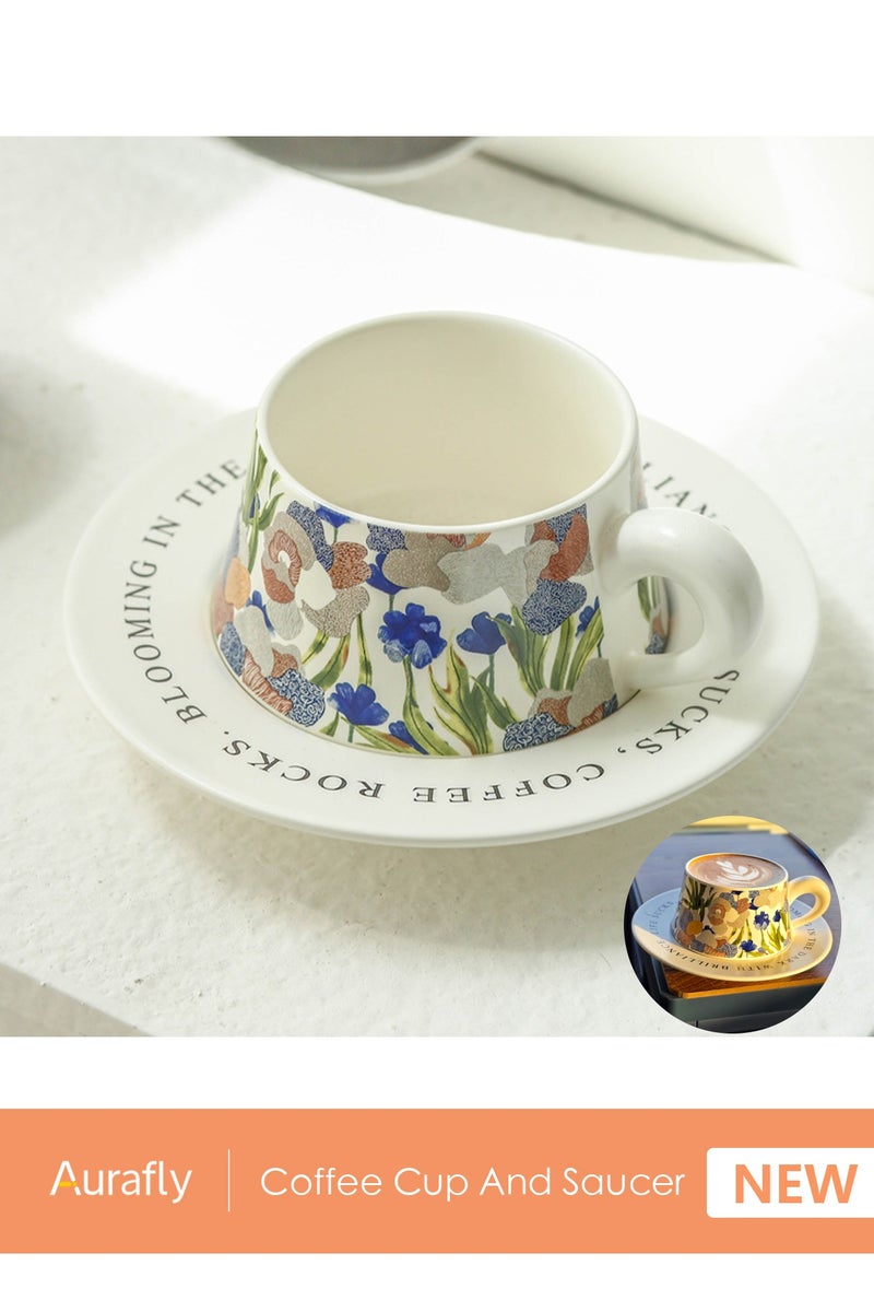 Aurafly Ceramic Coffee Cup and Saucer Set - Artistic Oil Painting Style Floral Coffee Cup,Unique Tapered Shape, High-End Fashion, Perfect for Coffee，Tea and Espresso Lovers, Best Gift for Family and Friends Any Occasions - 300ml - Image 1
