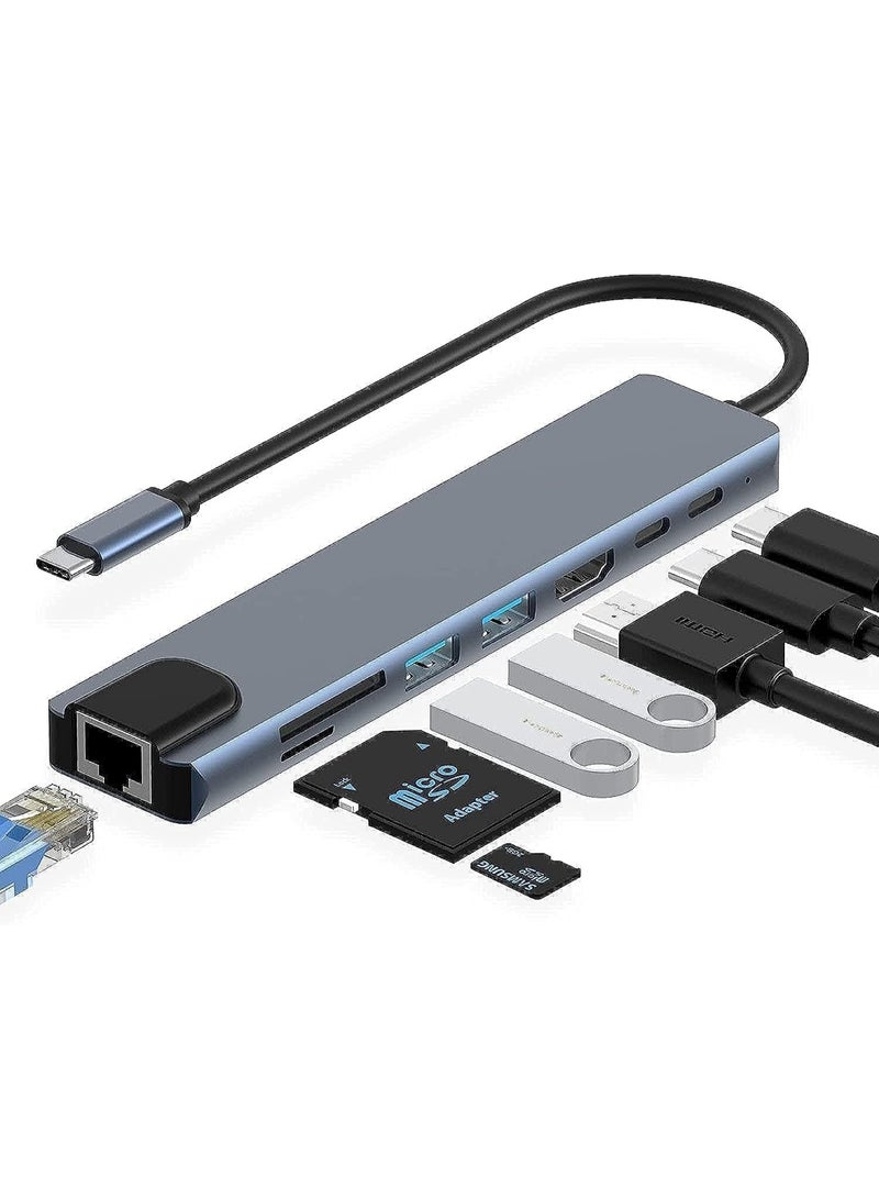 BEST ONE USB C Hub, 8 in 1 Type C Hub Multiport Adapter with 4K HDMI, PD Power Delivery, USB-C, Ethernet, 2 USB, SD/TF Card Reader Compatible with Mac Book Pro XPS and More Type C Devices - Image 1