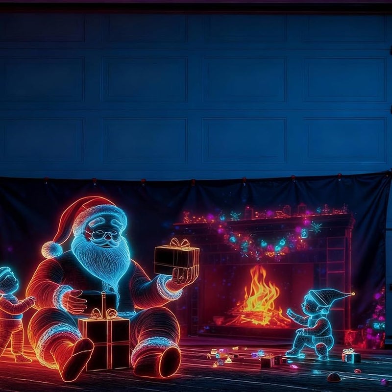 UV Activated Glowing Christmas Garage Door Cover StyleE Cartoon Santa Elf Backdrop - Image 5
