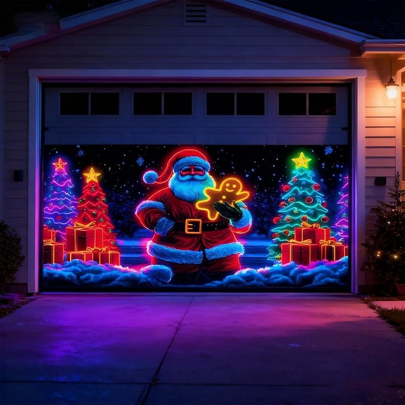 UV Activated Glowing Christmas Garage Door Cover StyleE Cartoon Santa Elf Backdrop - Image 3