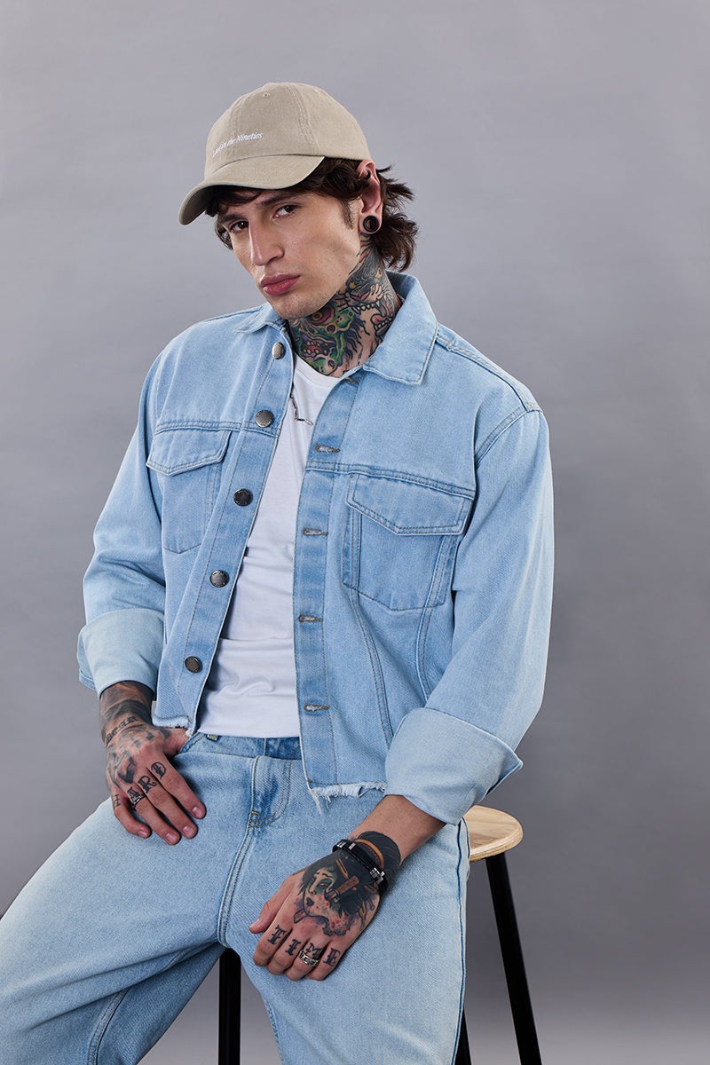 Snitch Revolution Light Blue Cropped Printed Denim Jacket - Image 1
