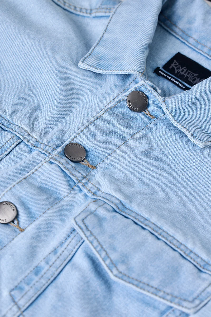 SNITCH Snitch Revolution Light Blue Cropped Printed Denim Jacket