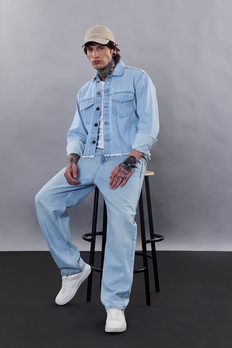 Snitch Revolution Light Blue Cropped Printed Denim Jacket - Image 3