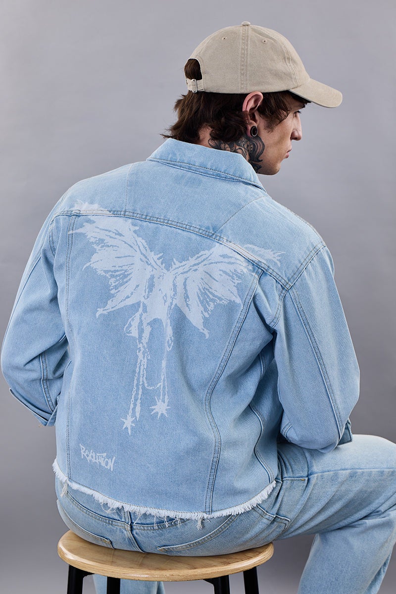 Snitch Revolution Light Blue Cropped Printed Denim Jacket - Image 4