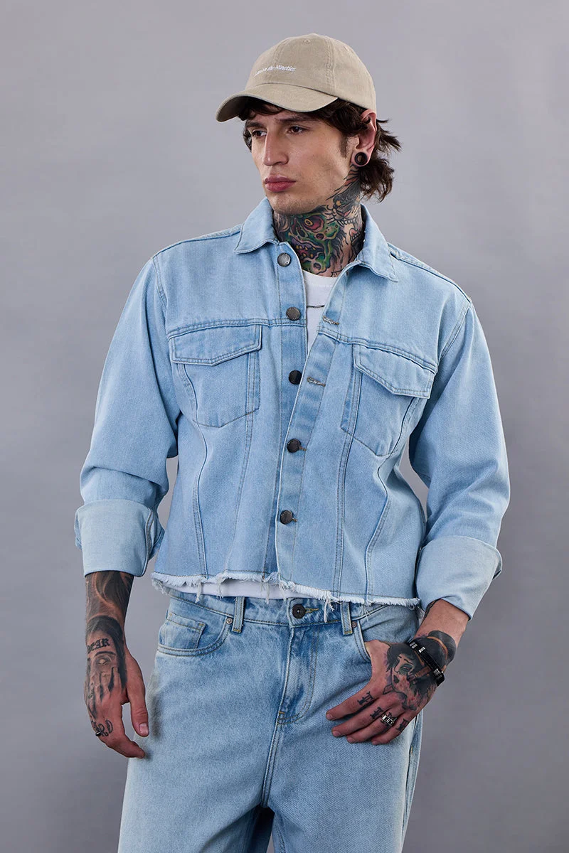 Snitch Light Blue Snitch Revolution Light Blue Cropped Printed Denim Jacket for Men | Best Price UAE