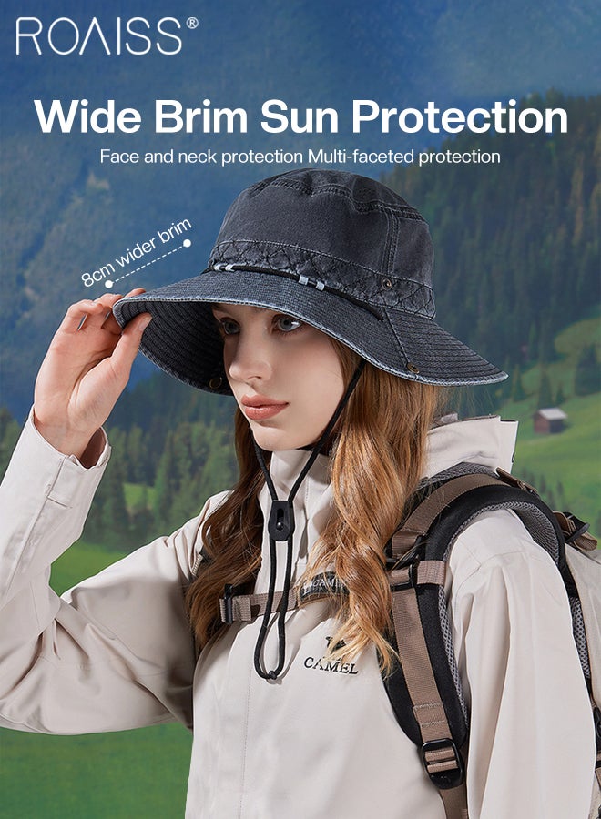 roaiss Retro Wide-brimmed Sun Protection Cowboy Hat for Men and Women, Outdoor Mountaineering Sunshade Bucket Hat with Windproof Rope Design, Suitable for Fishing, Hiking, Cycling - Image 5