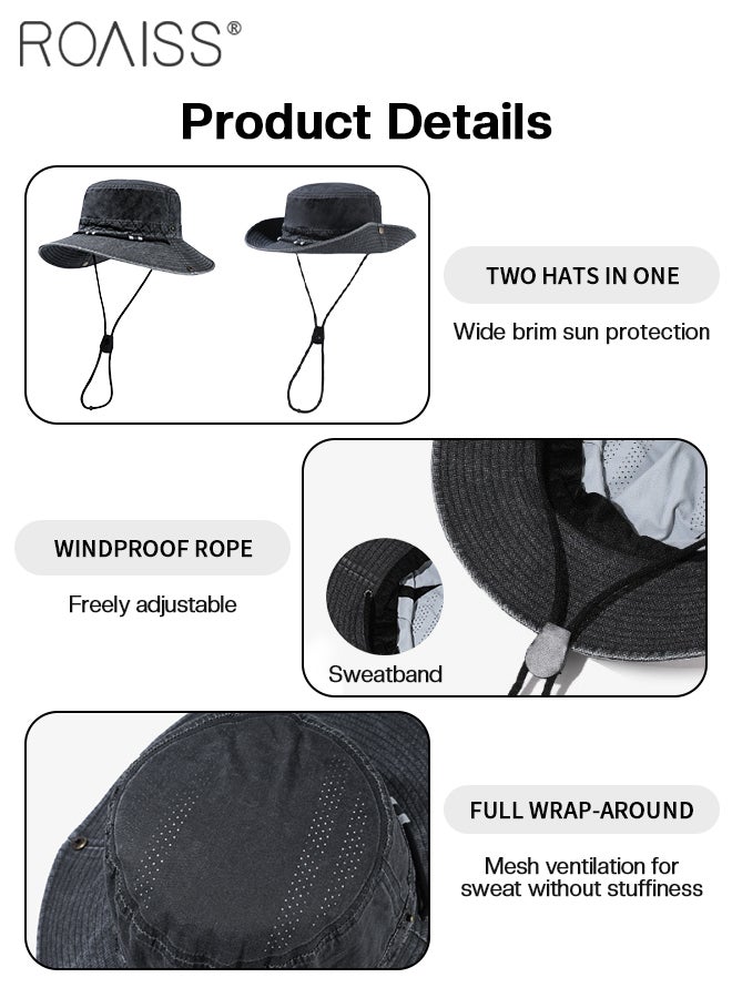 roaiss Retro Wide-brimmed Sun Protection Cowboy Hat for Men and Women, Outdoor Mountaineering Sunshade Bucket Hat with Windproof Rope Design, Suitable for Fishing, Hiking, Cycling - Image 4