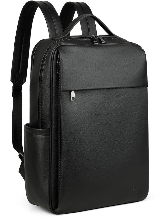 MASINTOR 15.6 inch PU Leather Laptop Backpack Purse for Women, Large College Casual Backpack Travel Bag Black - Image 1