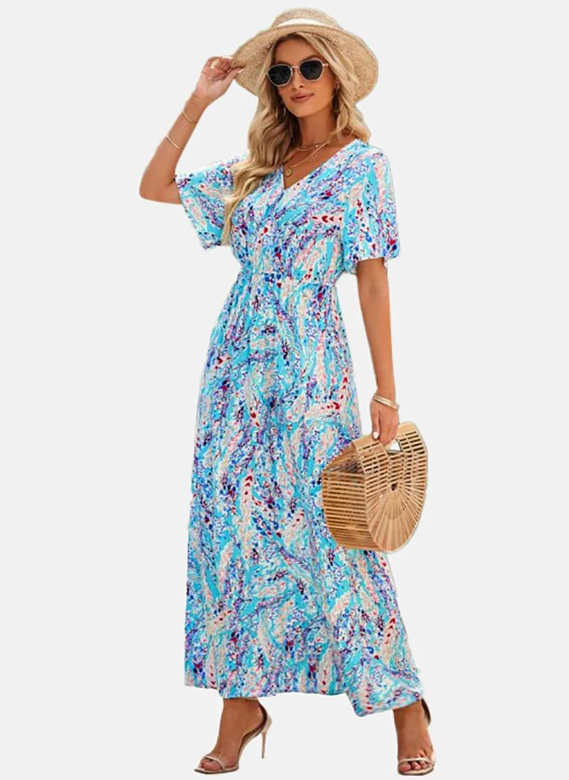 يونيكي Turquoise Blue Basic Printed V Neck Short Sleeve Dress