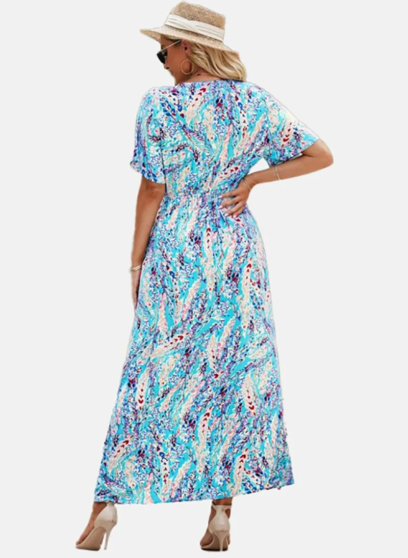 يونيكي Turquoise Blue Basic Printed V Neck Short Sleeve Dress