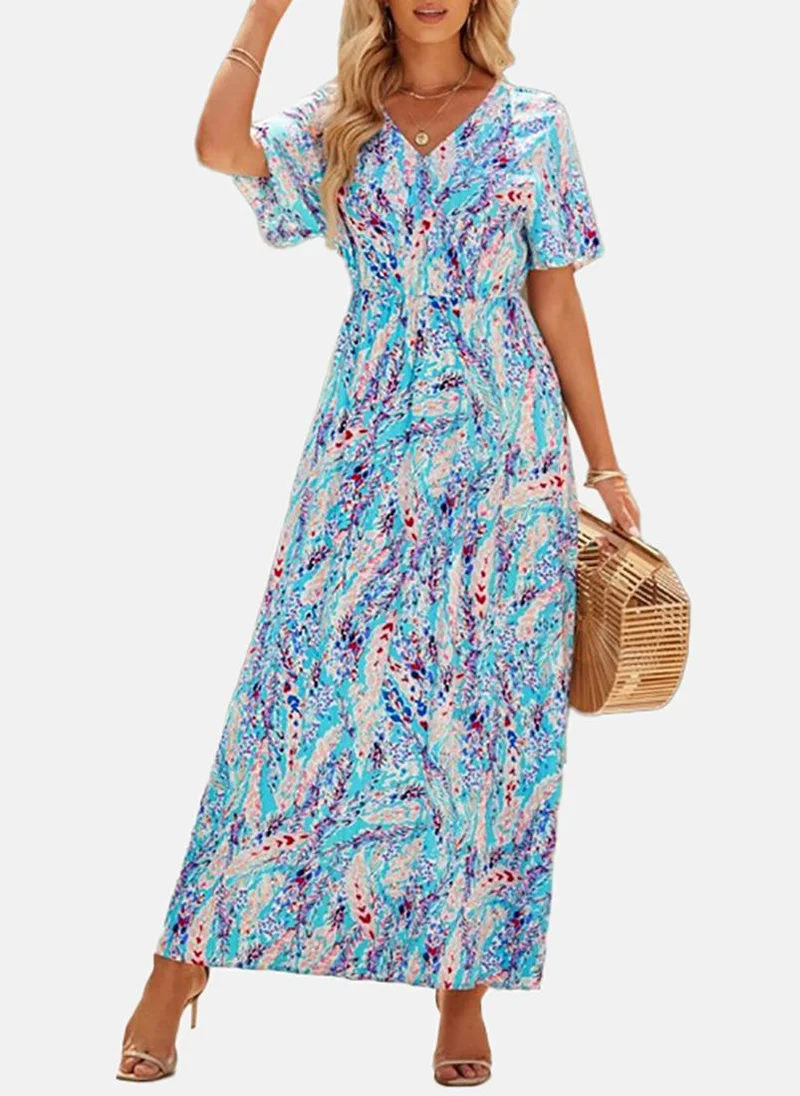 يونيكي Turquoise Blue Basic Printed V Neck Short Sleeve Dress