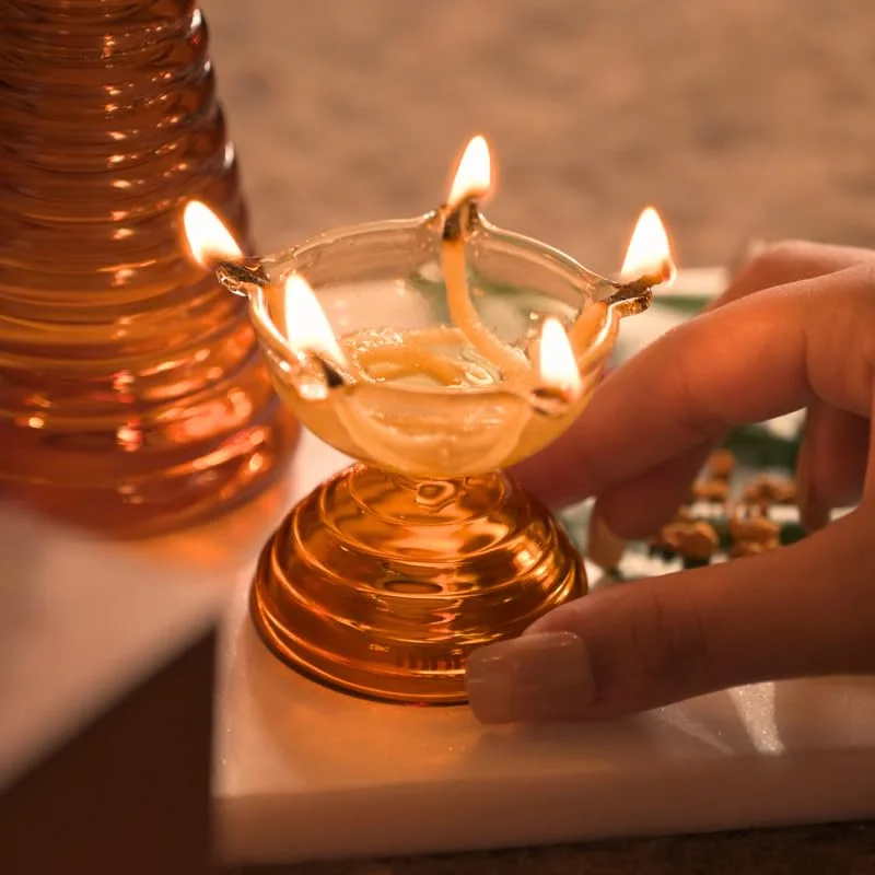 Muun Home Short Glass Diya Lamp for Pooja Room & Mandir | Decorative Oil Lamp for Diwali Decoration, Wedding, Housewarming & Festive Home Decor