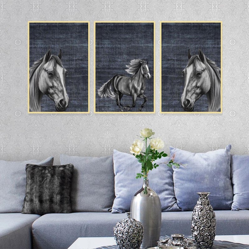 Marktna Three canvas paintings with a horse design and a hollow frame, measuring (120×60), three pieces - Image 1