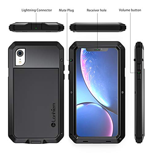 Lanhiem iPhone XR Metal Case, Heavy Duty Shockproof Case with Built-in Glass Screen Protector, Rugged Full Body Protective Cover, Black - Image 5