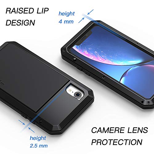 Lanhiem iPhone XR Metal Case, Heavy Duty Shockproof Case with Built-in Glass Screen Protector, Rugged Full Body Protective Cover, Black - Image 3