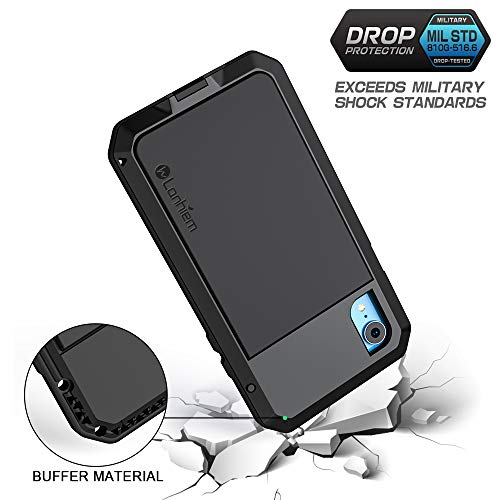 Lanhiem iPhone XR Metal Case, Heavy Duty Shockproof Case with Built-in Glass Screen Protector, Rugged Full Body Protective Cover, Black - Image 4