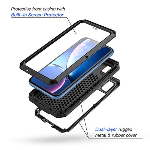 Lanhiem iPhone XR Metal Case, Heavy Duty Shockproof Case with Built-in Glass Screen Protector, Rugged Full Body Protective Cover, Black - Image 2