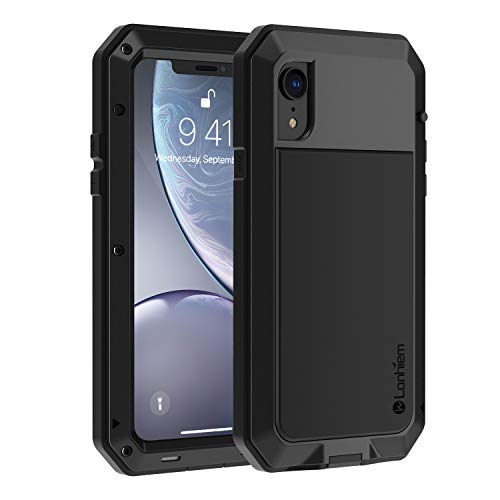 Lanhiem iPhone XR Metal Case, Heavy Duty Shockproof Case with Built-in Glass Screen Protector, Rugged Full Body Protective Cover, Black - Image 1