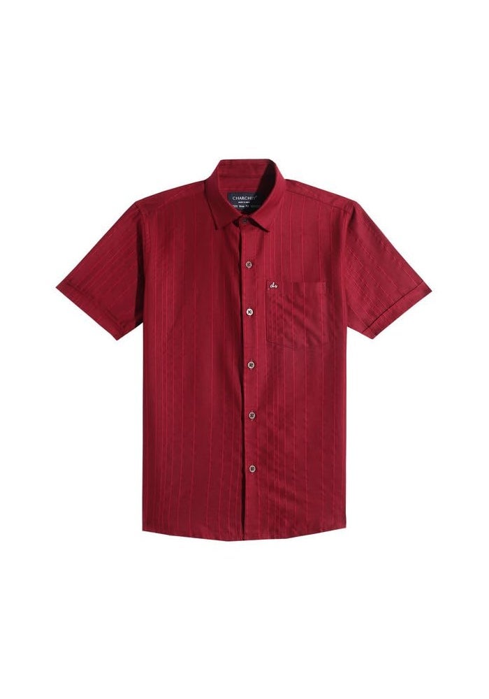 CHARCHIT Boys Cotton Solid Half Sleeve Shirt in Red - Image 4