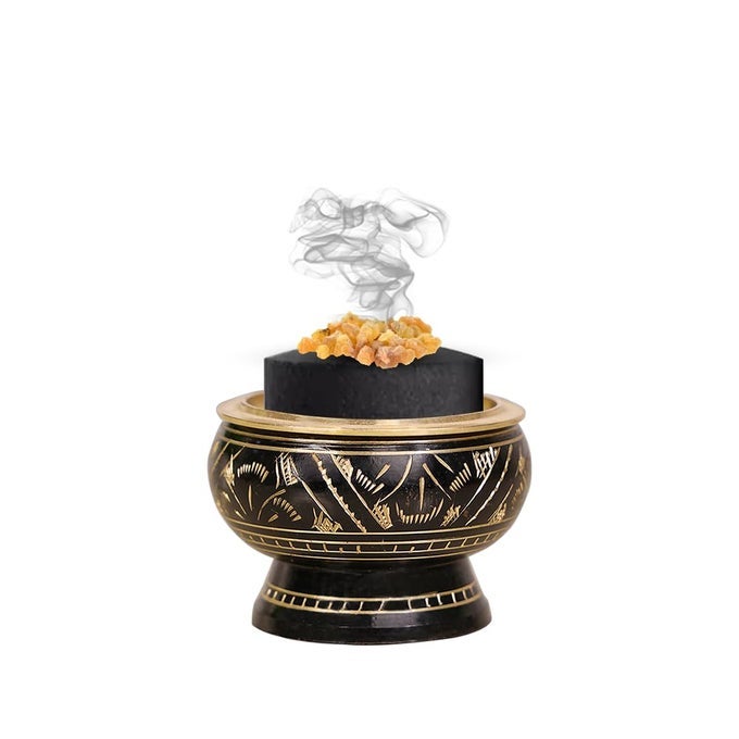 INCENSE BRASS BURNER BLACK USED FOR BURNING CHARCOAL SAMBRANI DHOOP RESIN FOR OFFICE TEMPLE PRAYER WOODEN COASTERTO HOLD HOME PURIFYING LOBAN STAND